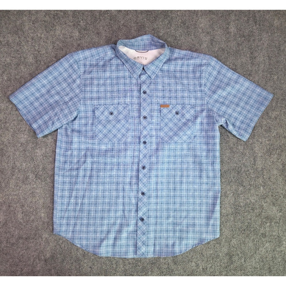 Orvis Button Down Shirt Mens LG Blue Plaid Short Sleeve Polyester Hiking Casual